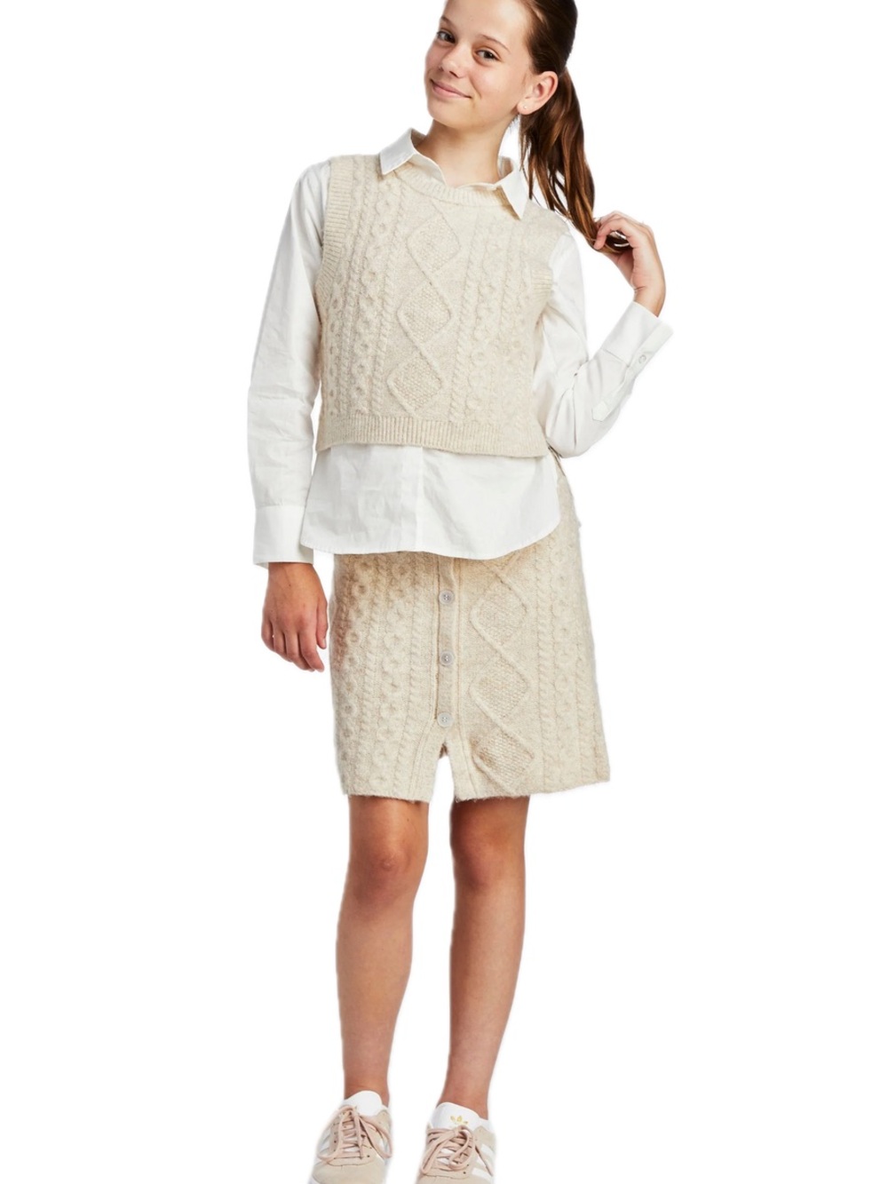 Tractr Cream Knit Vest and Button-Front Skirt Set
